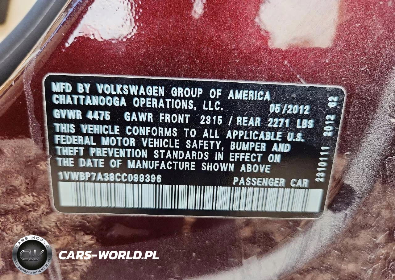 2012 Volkswagen Passat Se VIN:1VWBP7A38CC099396 - 12