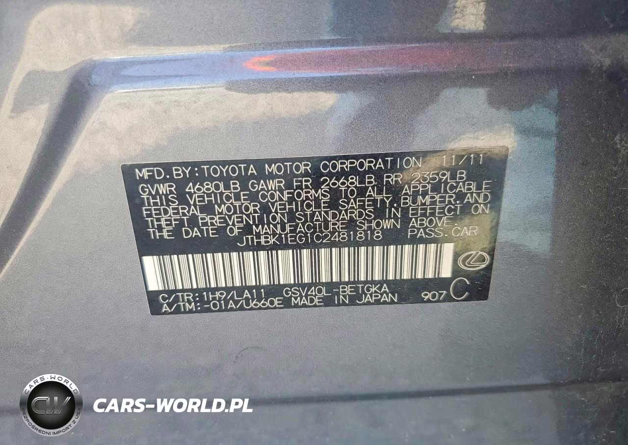 2012 Lexus Es 350 VIN:JTHBK1EG1C2481818 - 12