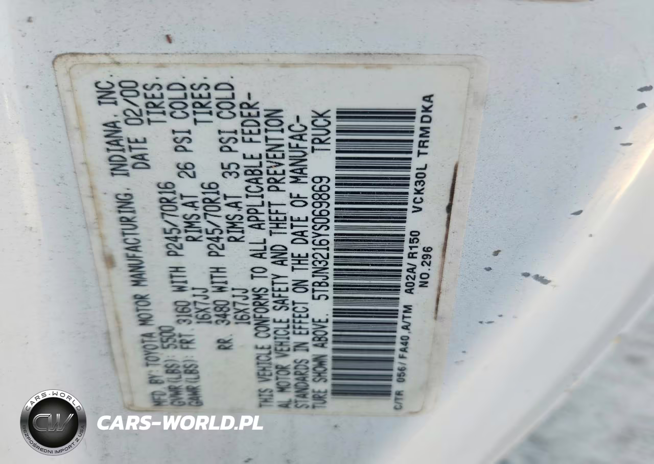 2000 Toyota Tundra Base VIN:5TBJN3216YS069869 - 12