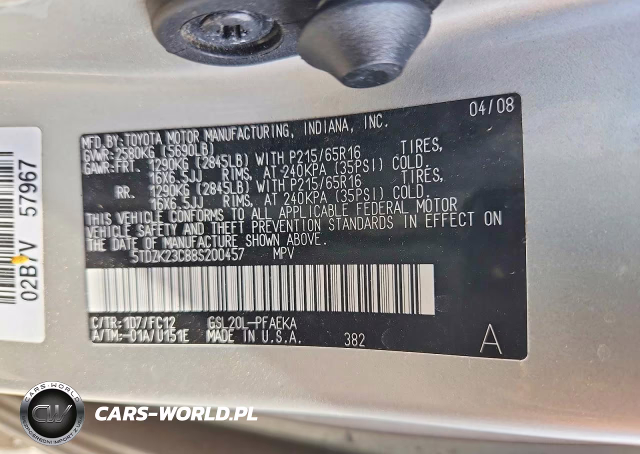2008 Toyota Sienna Le 7-Passenger VIN:5TDZK23C88S200457 - 12