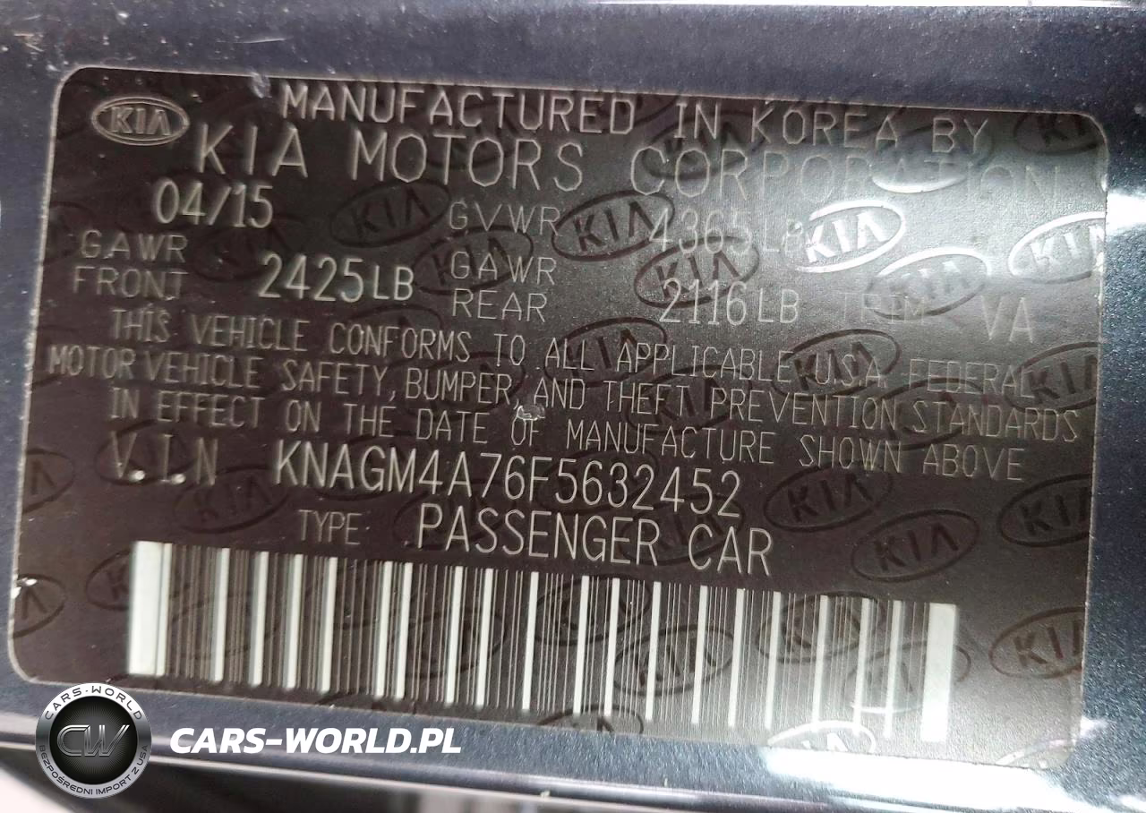 2015 Kia Optima Lx VIN:KNAGM4A76F5632452 - 12