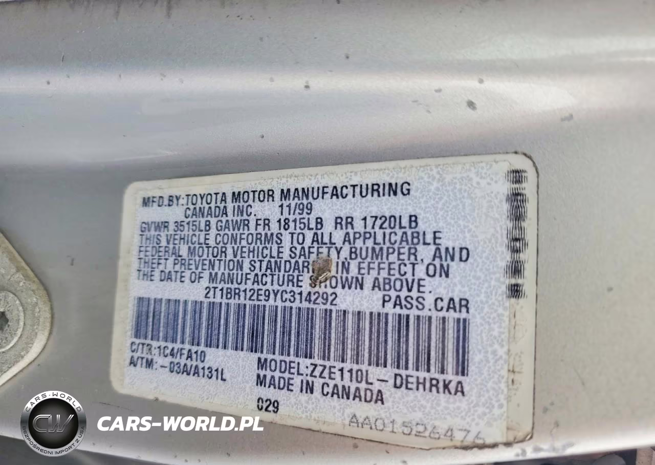 2000 Toyota Corolla Ve VIN:2T1BR12E9YC314292 - 12