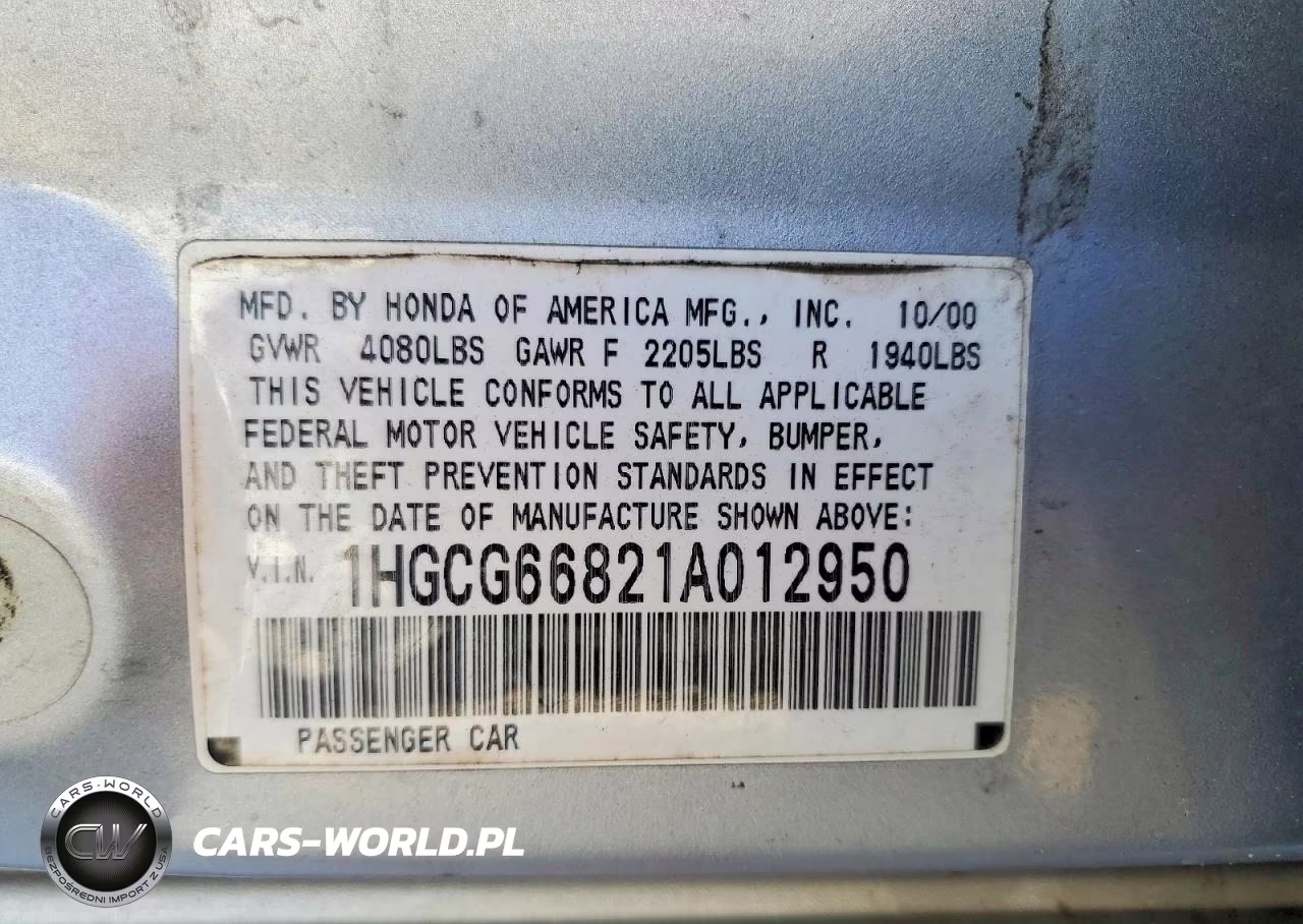 2001 Honda Accord Ex VIN:1HGCG66821A012950 - 12
