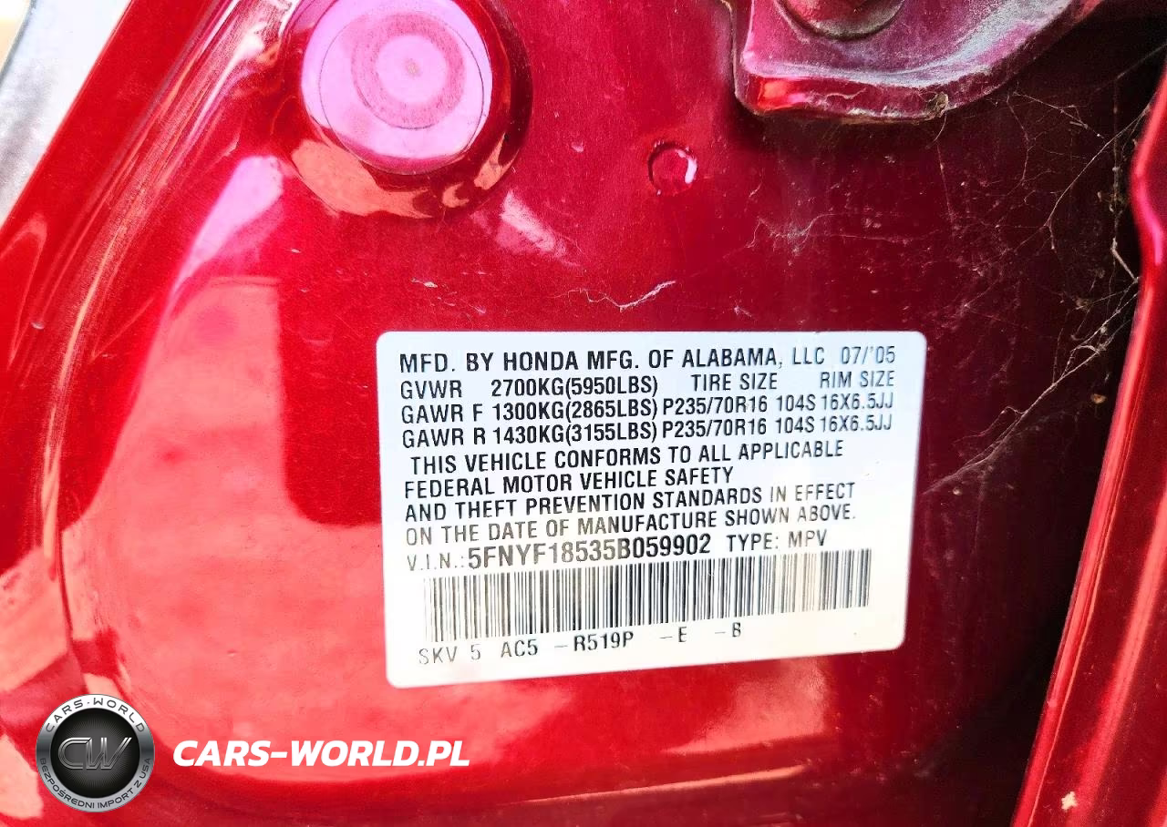 2005 Honda Pilot Exl VIN:5FNYF18535B059902 - 13