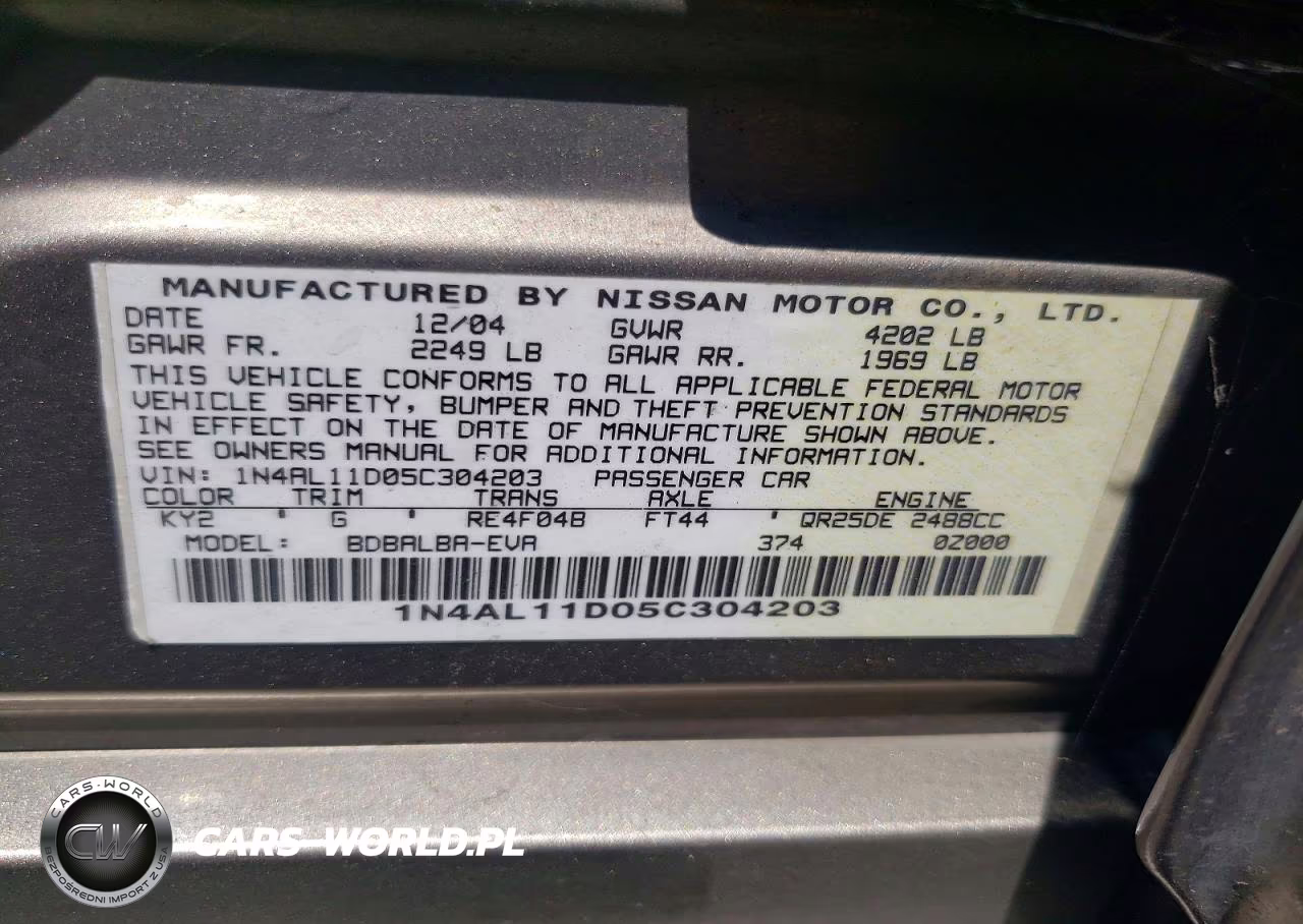 2005 Nissan Altima 2.5 VIN:1N4AL11D05C304203 - 12