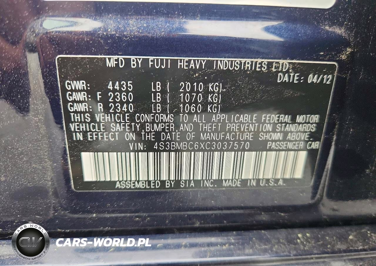 2012 Subaru Legacy 2.5I Premium VIN:4S3BMBC6XC3037570 - 12