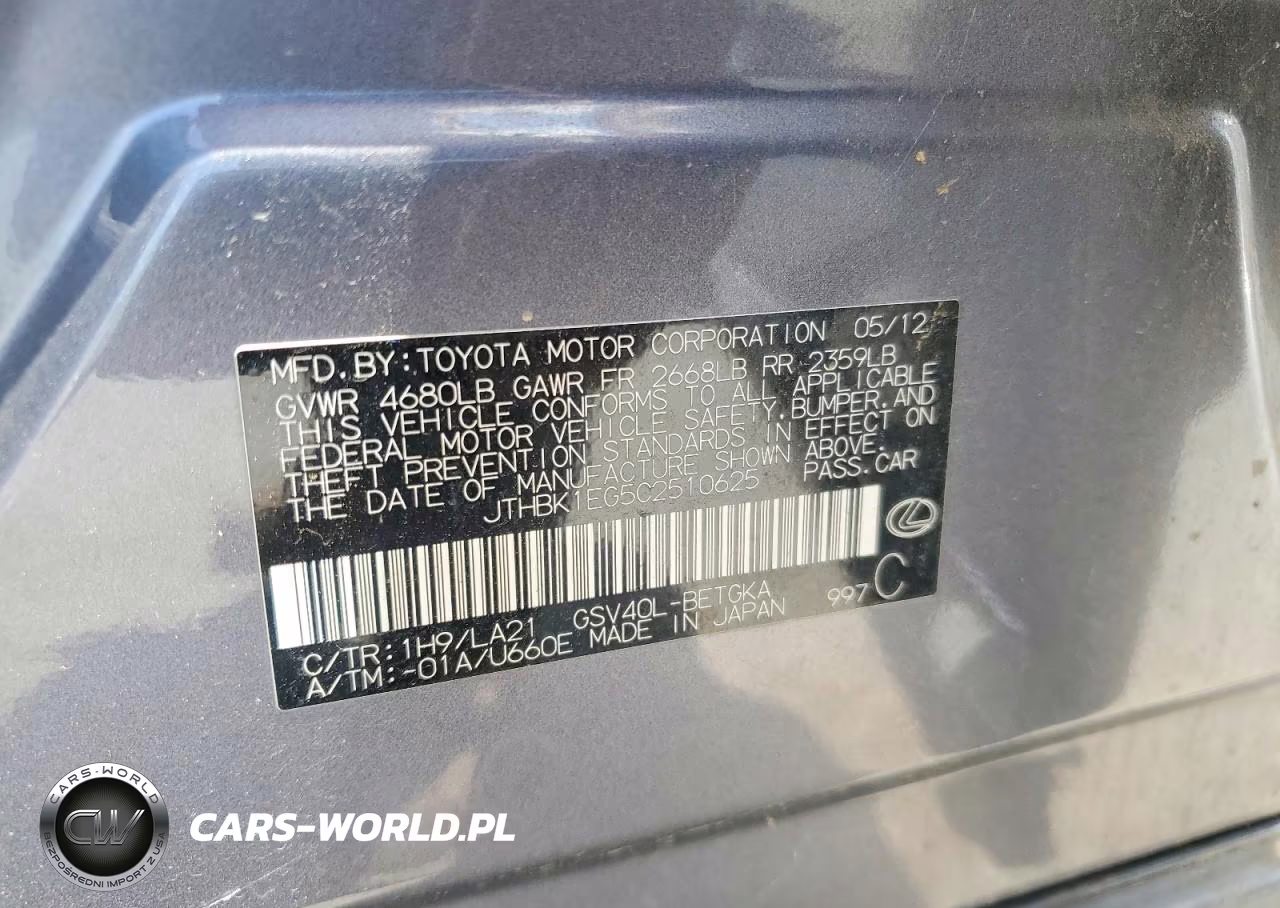 2012 Lexus Es 350 VIN:JTHBK1EG5C2510625 - 12