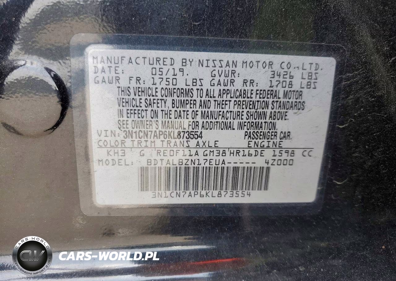 2019 Nissan Versa Sv VIN:3N1CN7AP6KL873554 - 12