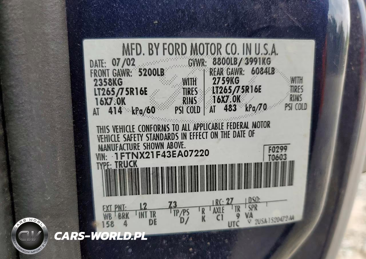 2003 Ford F250 Super Duty VIN:1FTNX21F43EA07220 - 12