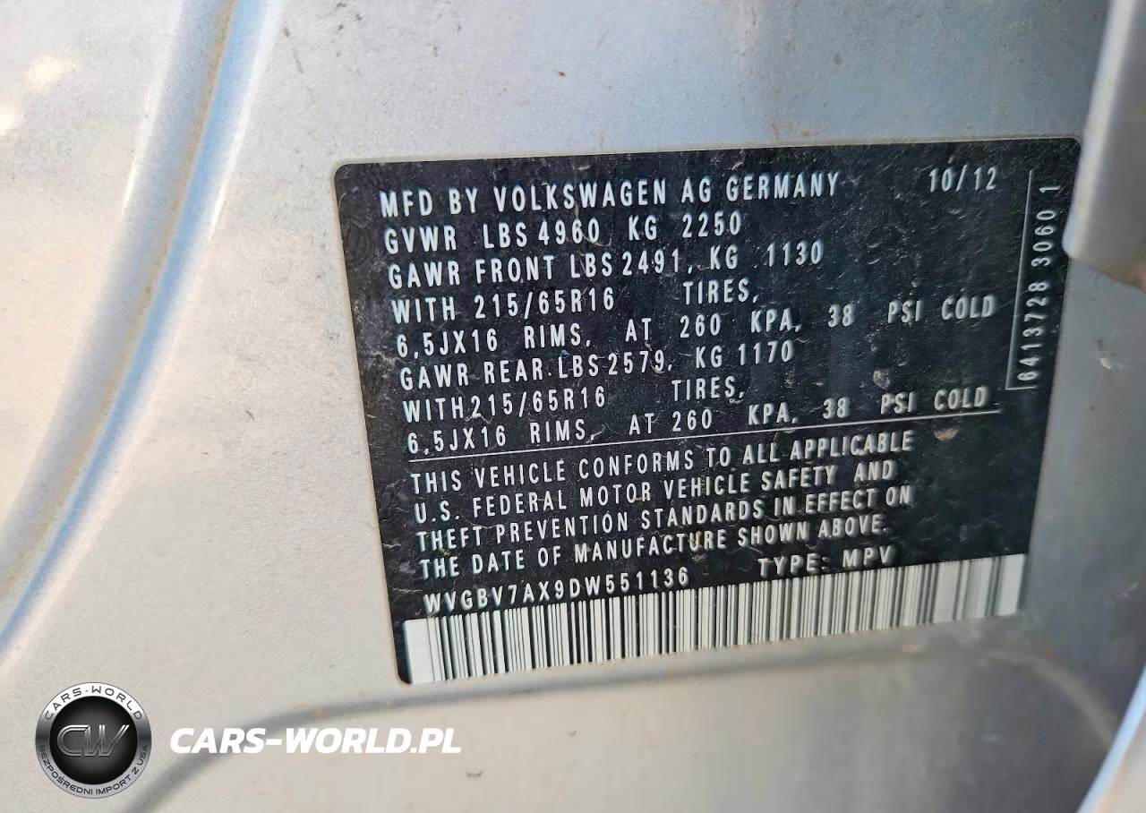 2013 Volkswagen Tiguan S VIN:WVGBV7AX9DW551136 - 14