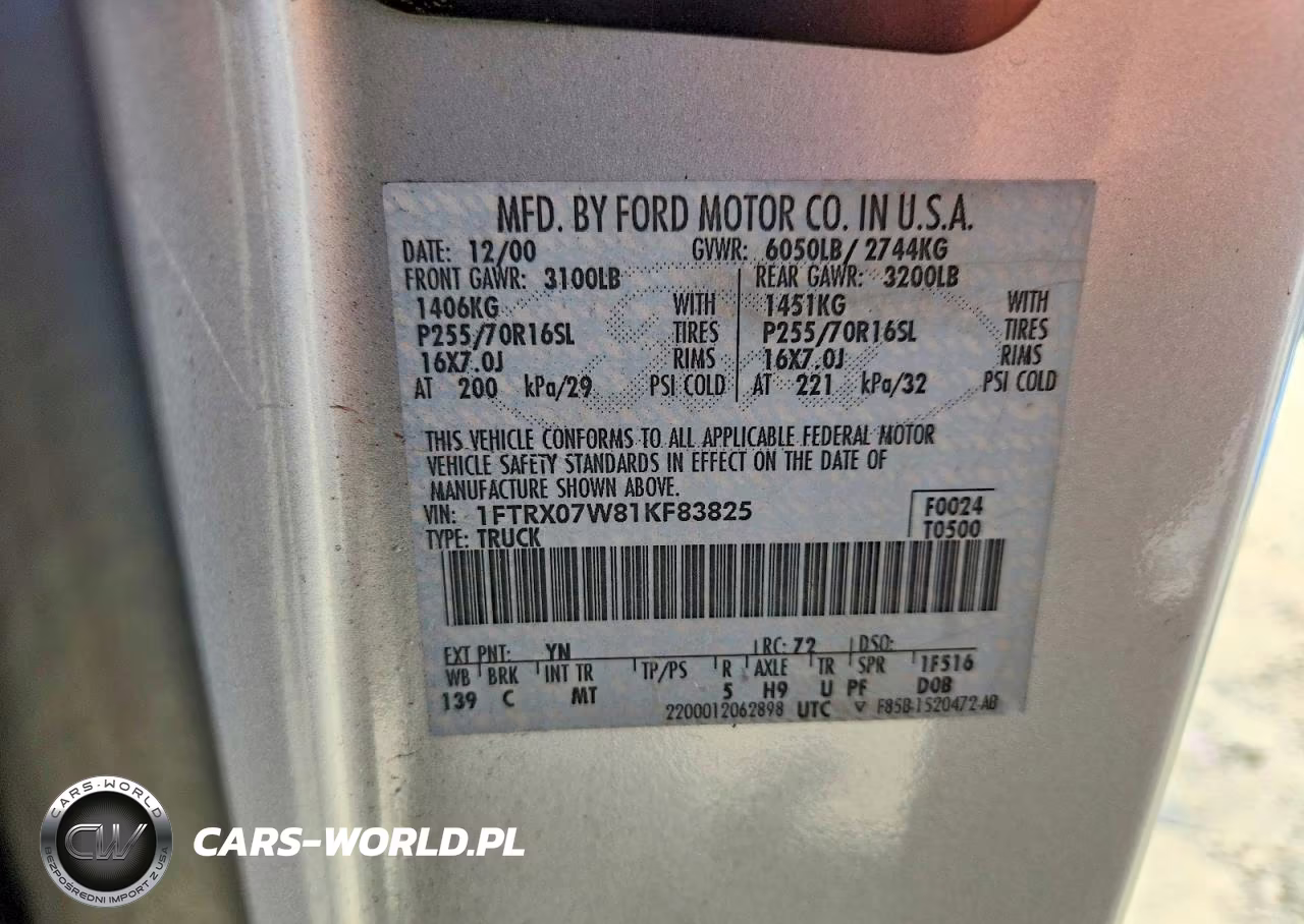 2001 Ford F150 VIN:1FTRX07W81KF83825 - 13
