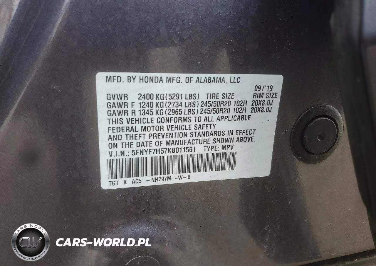 2019 Honda Passport Exl VIN:5FNYF7H57KB011561 - 13