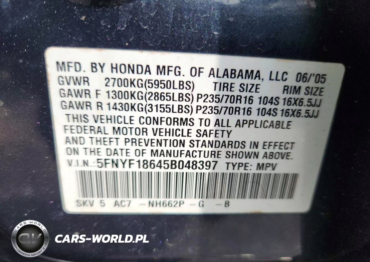 2005 Honda Pilot Exl VIN:5FNYF18645B048397 - 13