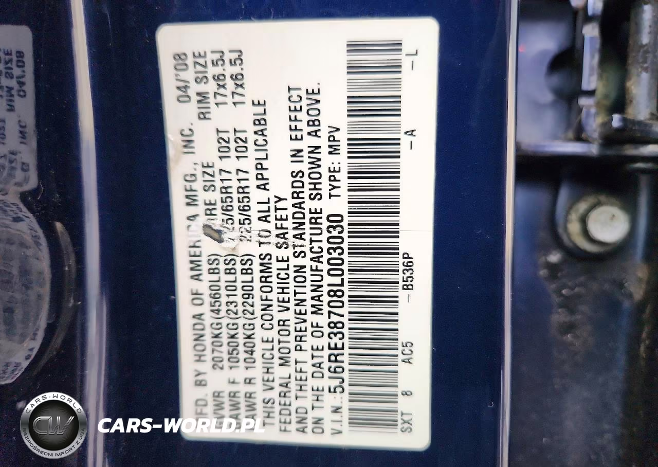 2008 Honda Cr-V Exl VIN:5J6RE38708L003030 - 13
