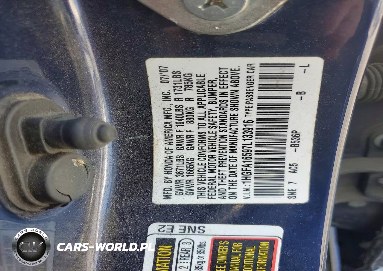 2007 Honda Civic Lx VIN:1HGFA16597L133916 - 12