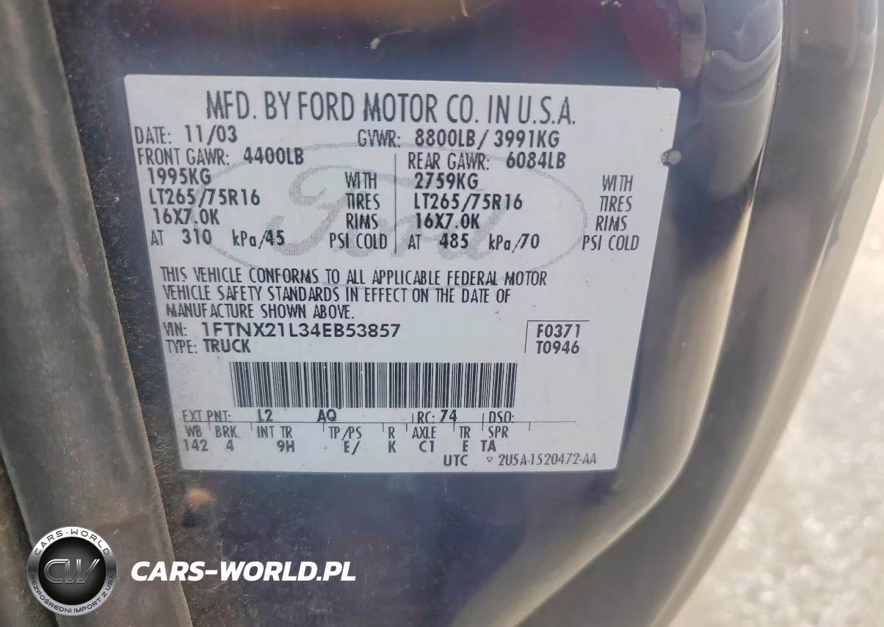 2004 Ford F250 Super Duty VIN:1FTNX21L34EB53857 - 12