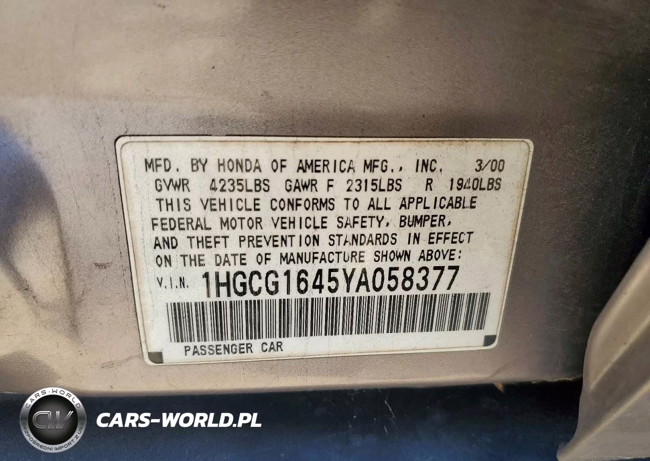 2000 Honda Accord Lx VIN:1HGCG1645YA058377 - 12
