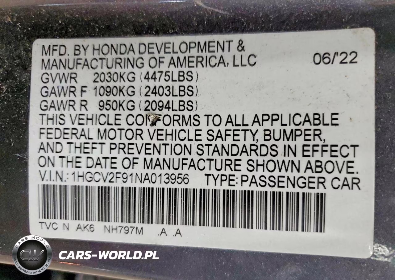 2022 Honda Accord Touring VIN:1HGCV2F91NA013956 - 12