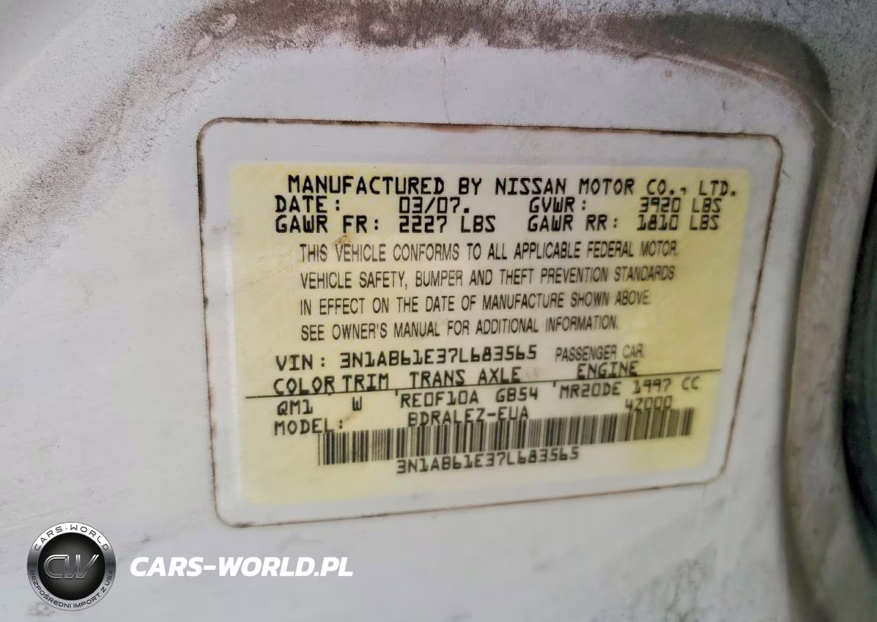 2007 Nissan Sentra 2.0 VIN:3N1AB61E37L683565 - 12