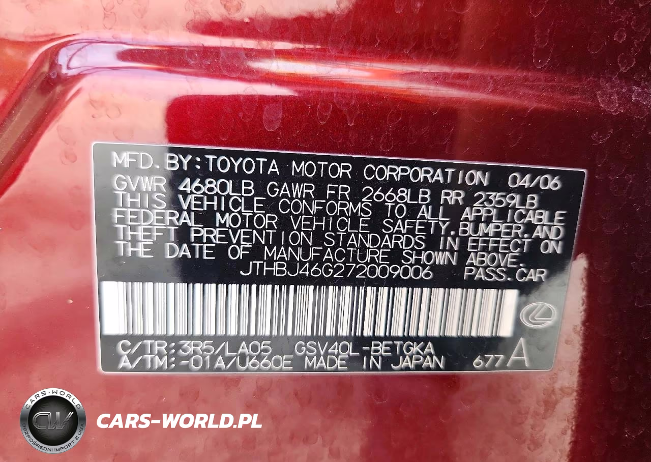 2007 Lexus Es 350 VIN:JTHBJ46G272009006 - 13