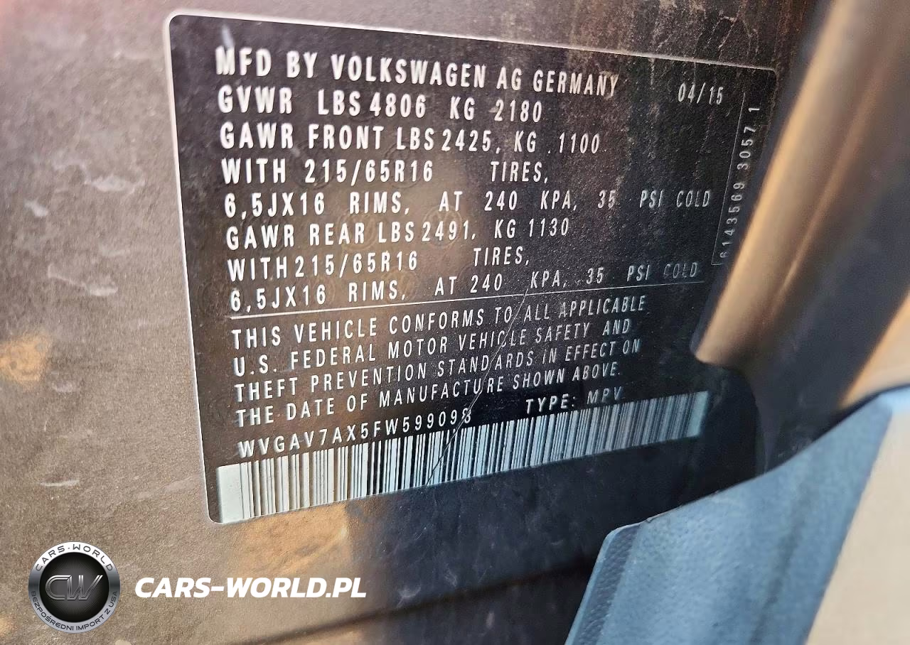 2015 Volkswagen Tiguan S VIN:WVGAV7AX5FW599098 - 12
