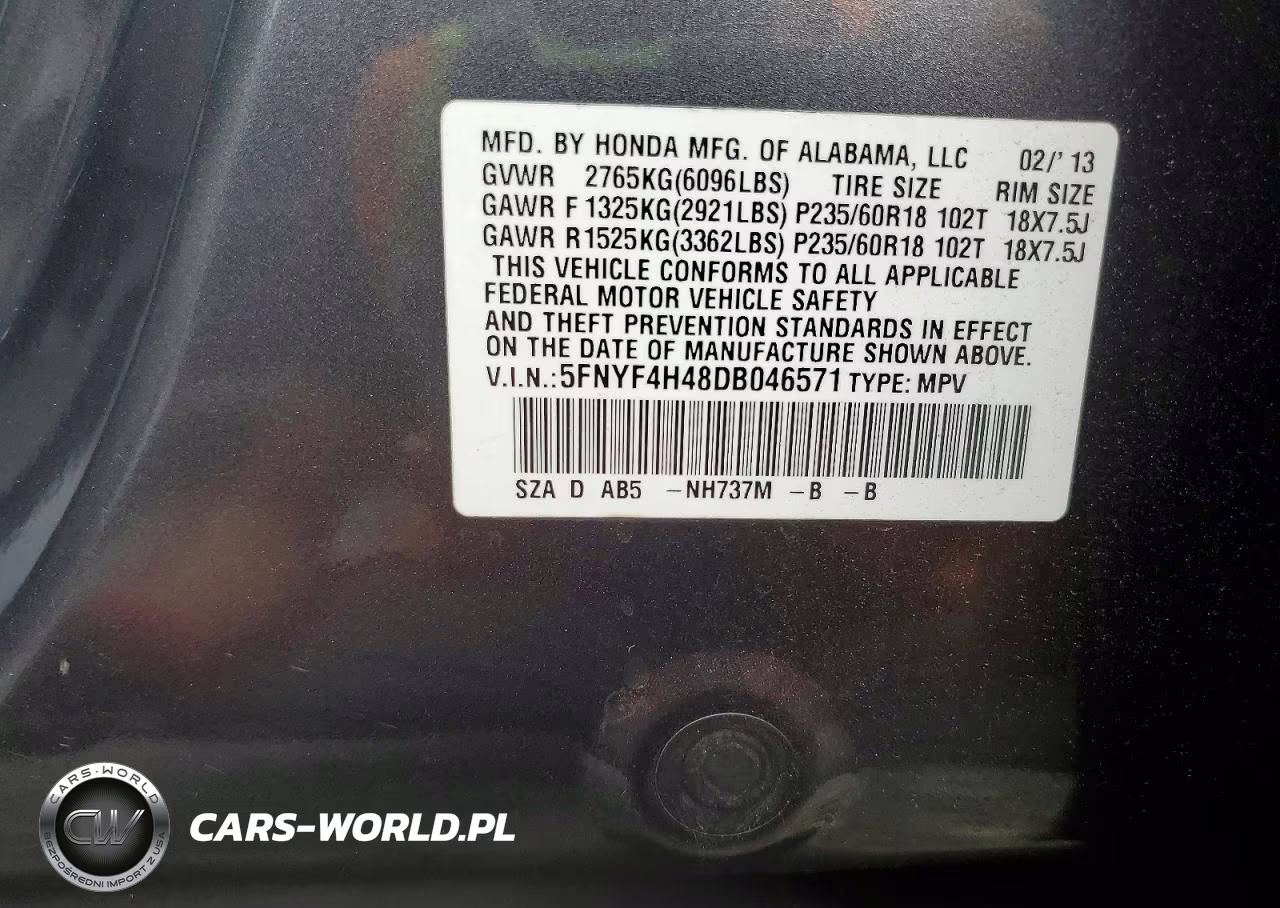 2013 Honda Pilot Ex VIN:5FNYF4H48DB046571 - 13