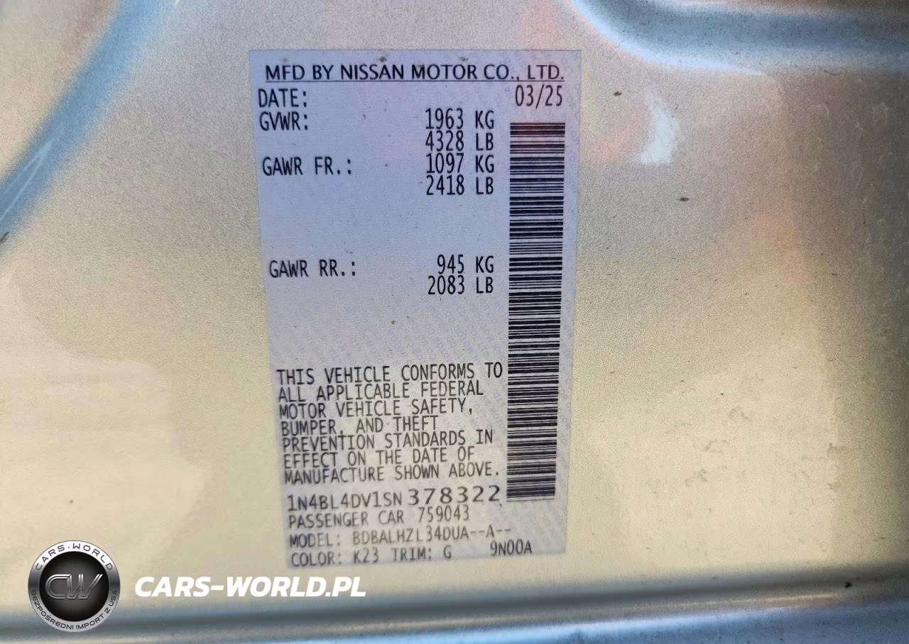 2025 Nissan Altima Sv Fwd VIN:1N4BL4DV1SN378322 - 12