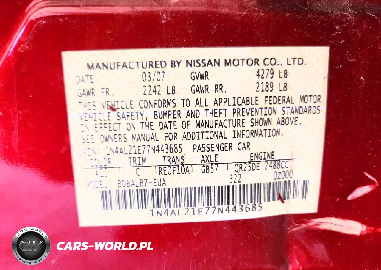 2007 Nissan Altima 2.5 VIN:1N4AL21E77N443685 - 12