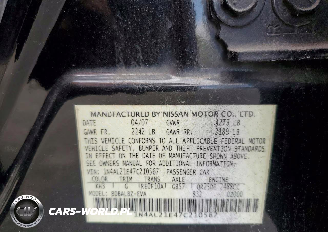 2007 Niss Altima VIN:1N4AL21E47C210567 - 12