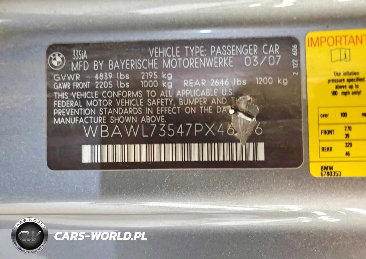 2007 BMW 335 I VIN:WBAWL73547PX46256 - 12
