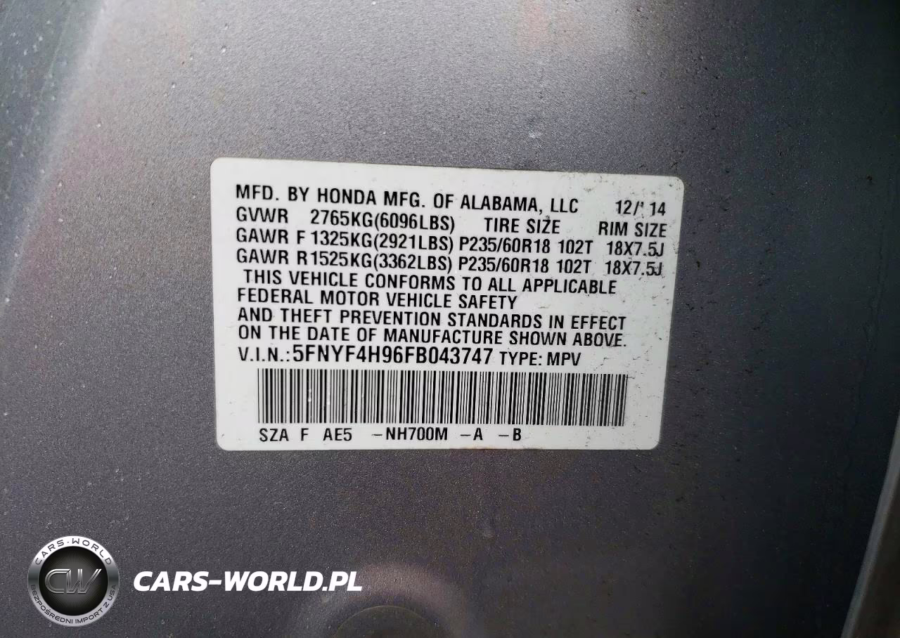 2015 Honda Pilot Touring VIN:5FNYF4H96FB043747 - 13