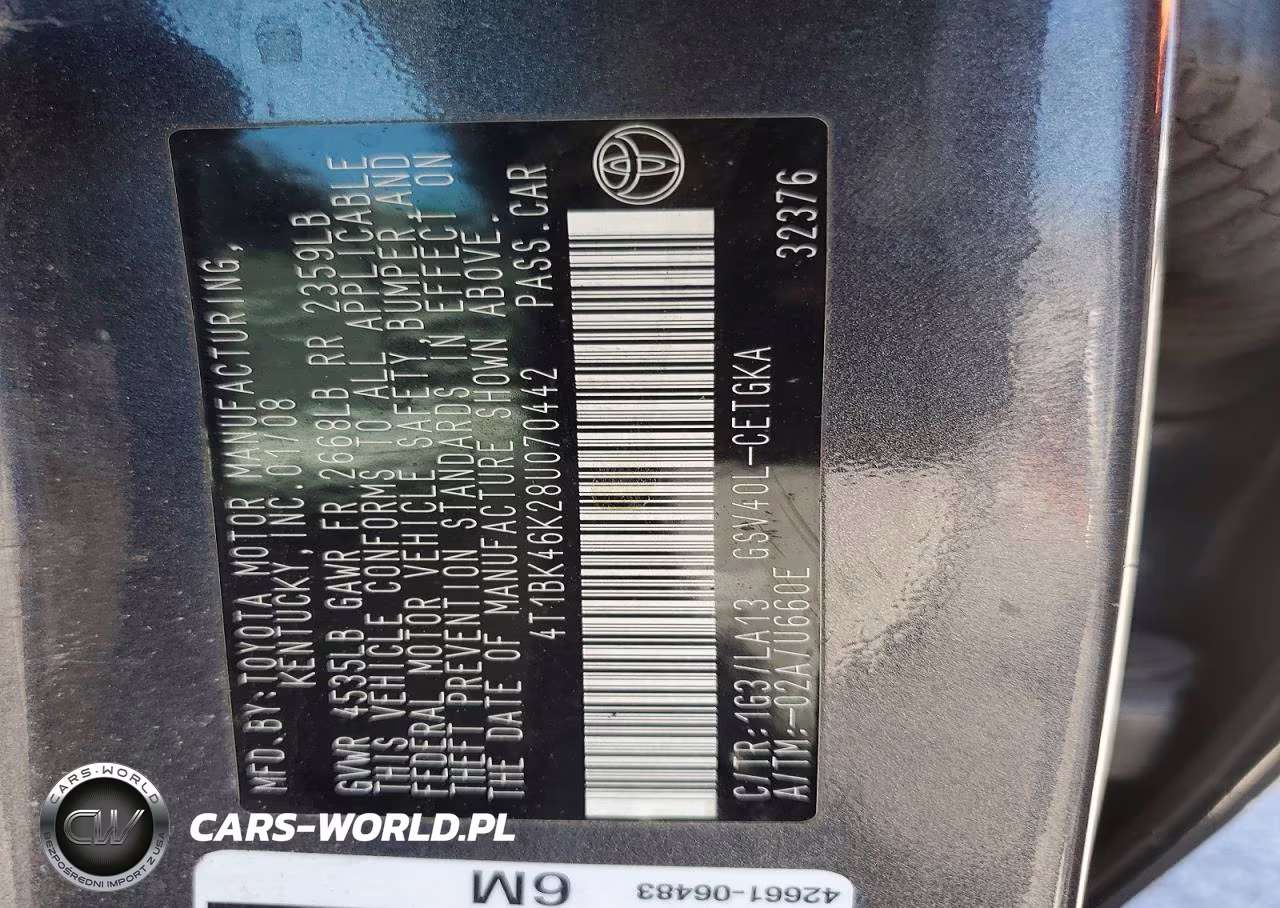 2008 Toyota Camry Le V6 VIN:4T1BK46K28U070442 - 12