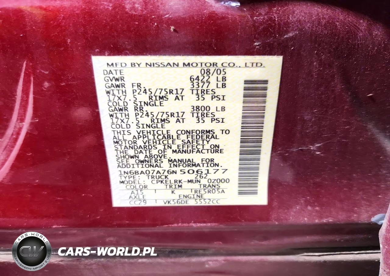 2006 Nissan Titan Xe Ffv VIN:1N6BA07A76N506177 - 12