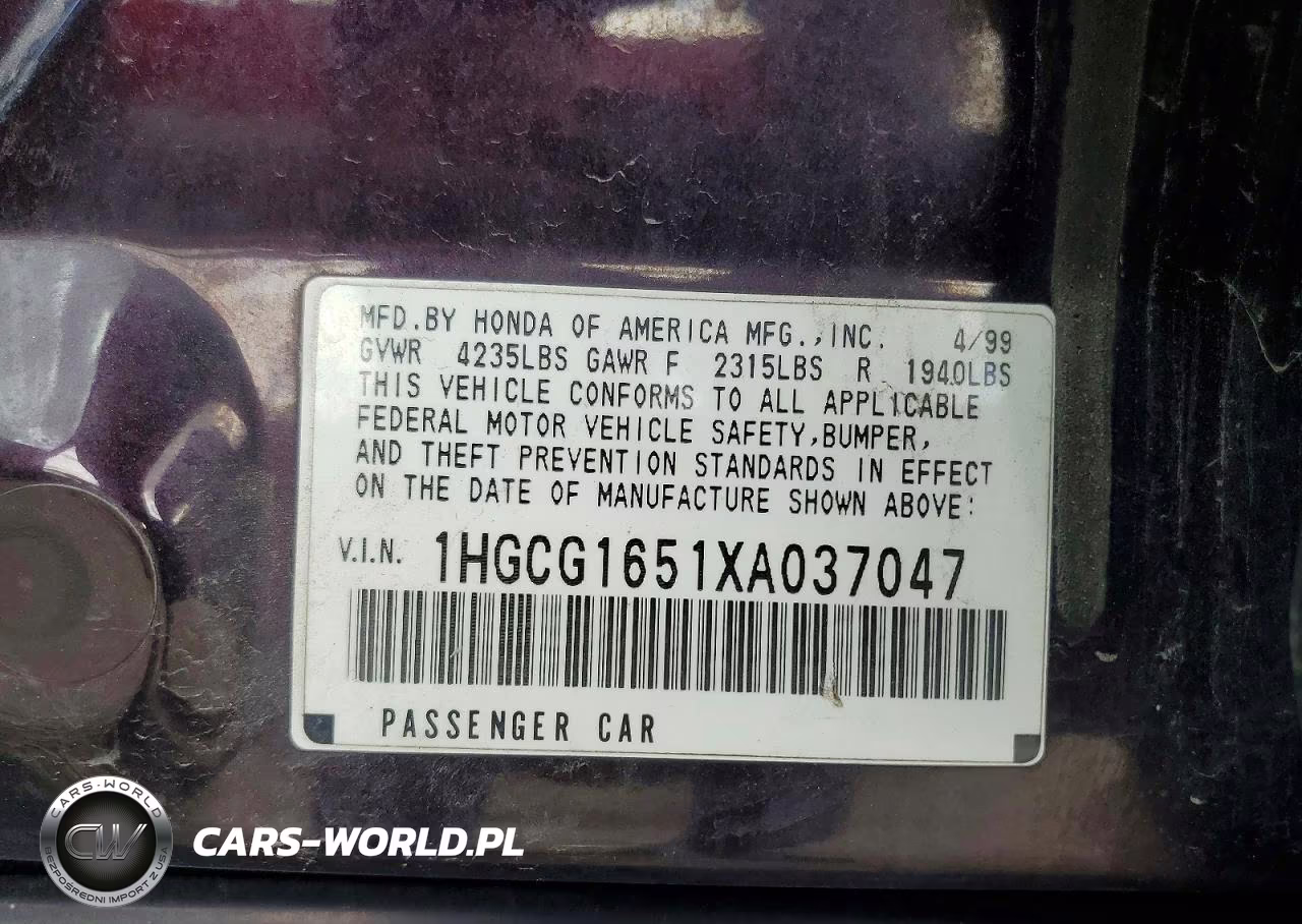 1999 Honda Accord Ex VIN:1HGCG1651XA037047 - 12