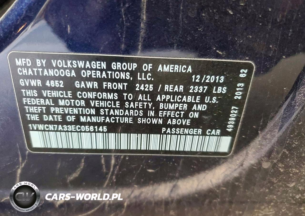 2014 Volkswagen Passat Sel VIN:1VWCN7A33EC056145 - 12