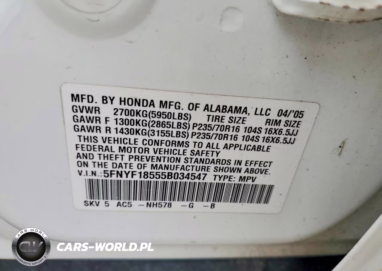 2005 Honda Pilot Exl VIN:5FNYF18555B034547 - 13