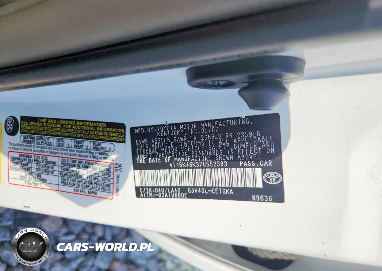 2007 Toyota Camry Xle V6 VIN:4T1BK46K37U552383 - 12