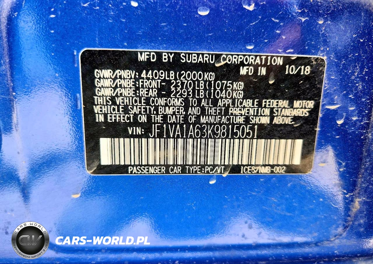 2019 Subaru Wrx VIN:JF1VA1A63K9815051 - 13