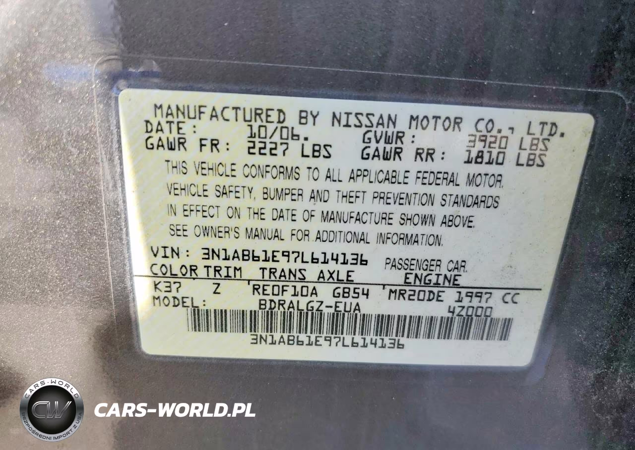 2007 Nissan Sentra 2.0 VIN:3N1AB61E97L614136 - 12