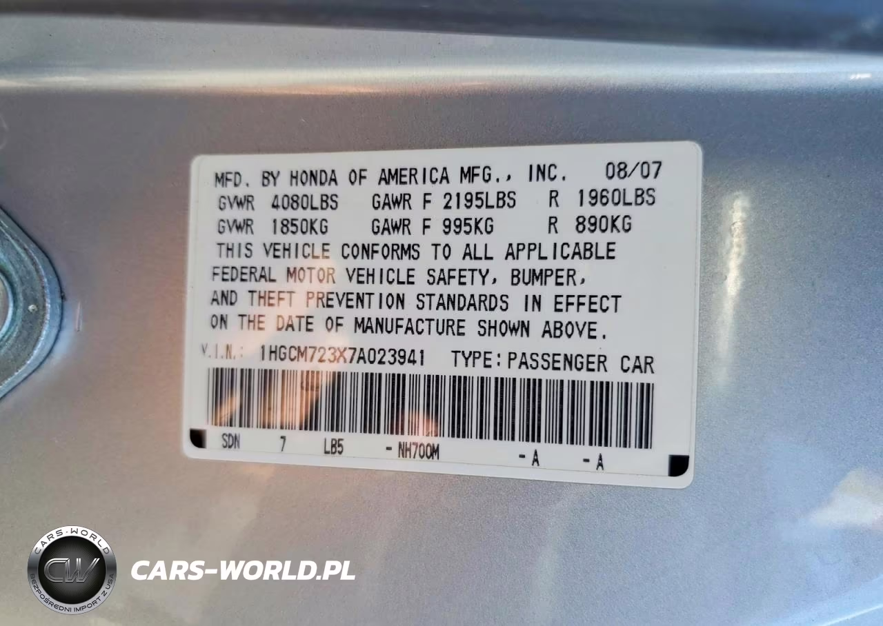 2007 Honda Accord Lx VIN:1HGCM723X7A023941 - 12
