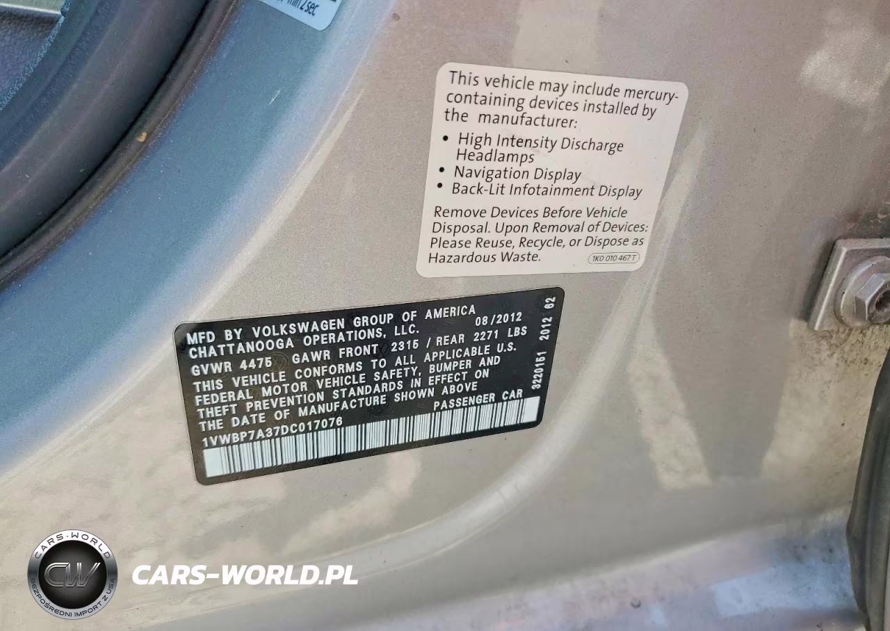 2013 Volkswagen Passat Se VIN:1VWBP7A37DC017076 - 12