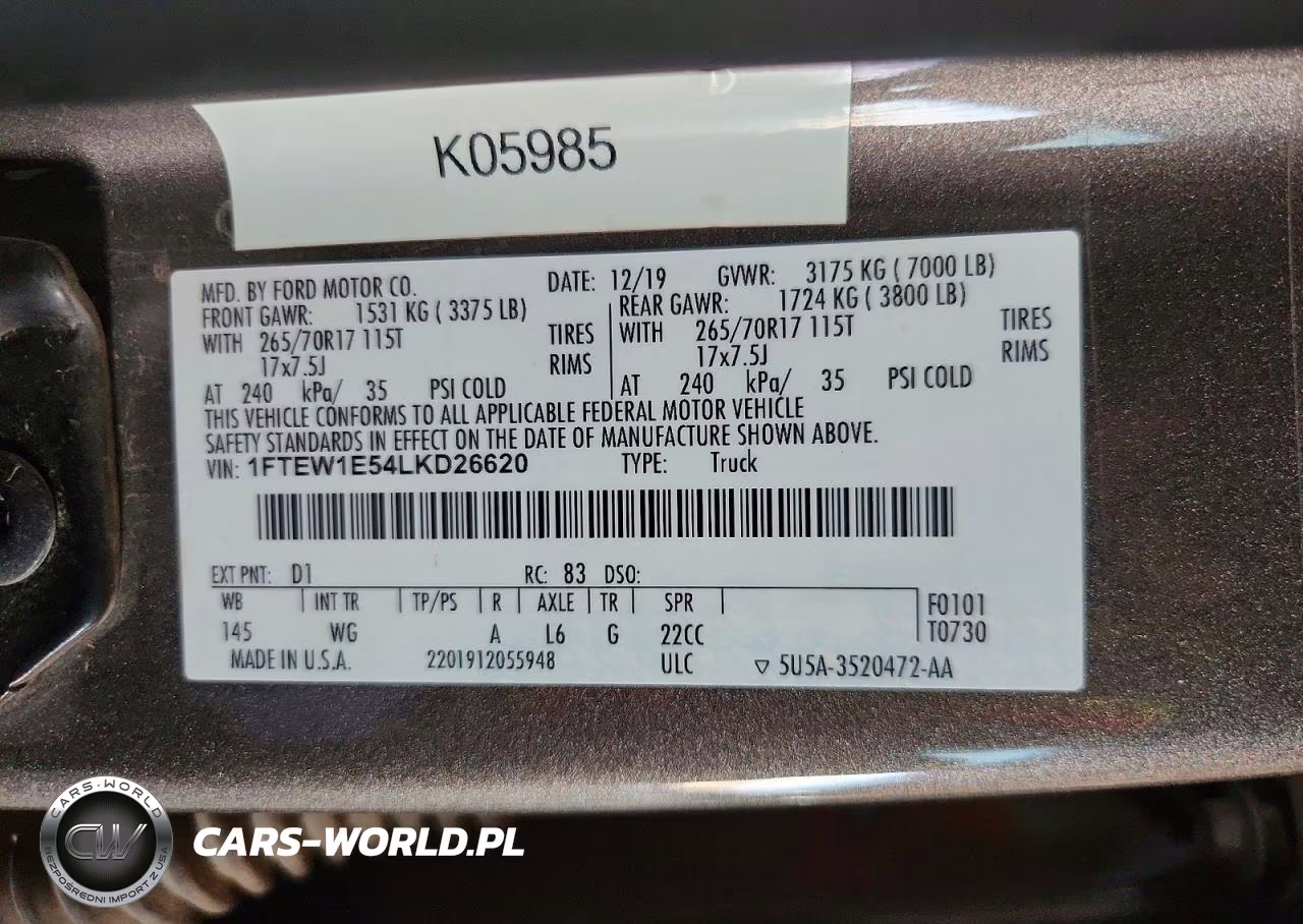 2020 Ford F150 Xl 4Wd 5.0L V8 Ffv Crew Cab VIN:1FTEW1E54LKD26620 - 12