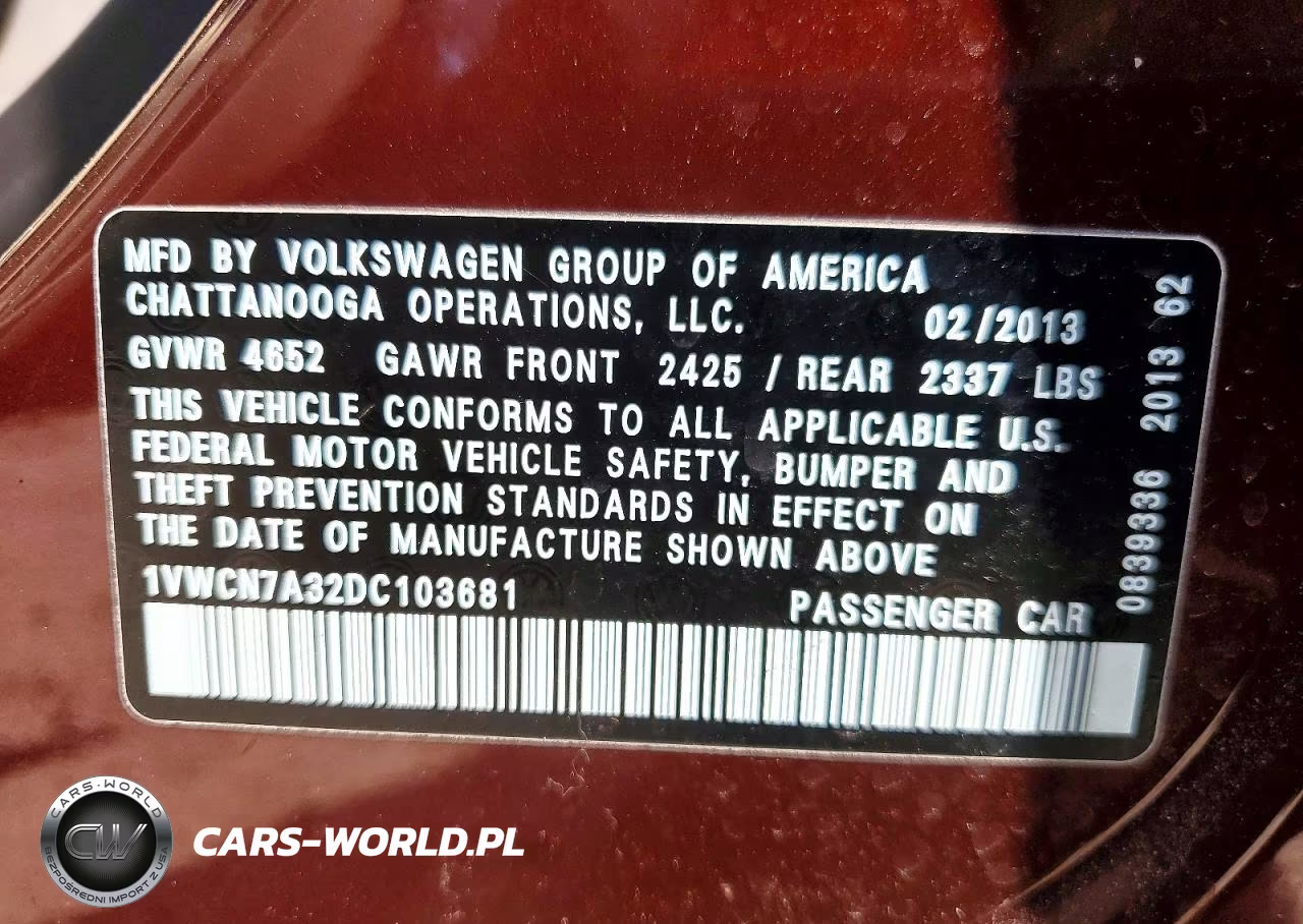 2013 Volkswagen Passat Sel VIN:1VWCN7A32DC103681 - 12