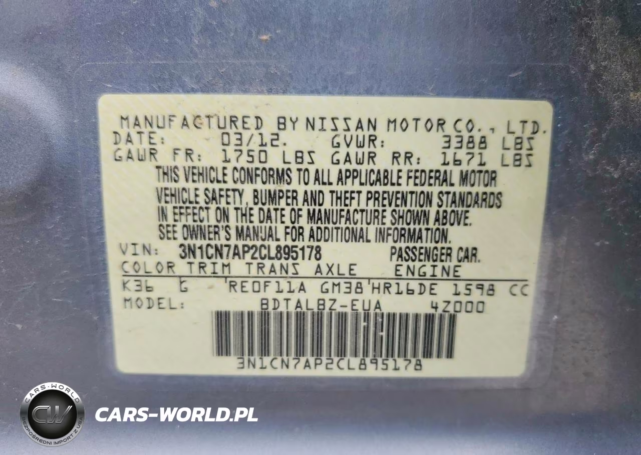 2012 Nissan Versa 1.6 S VIN:3N1CN7AP2CL895178 - 12