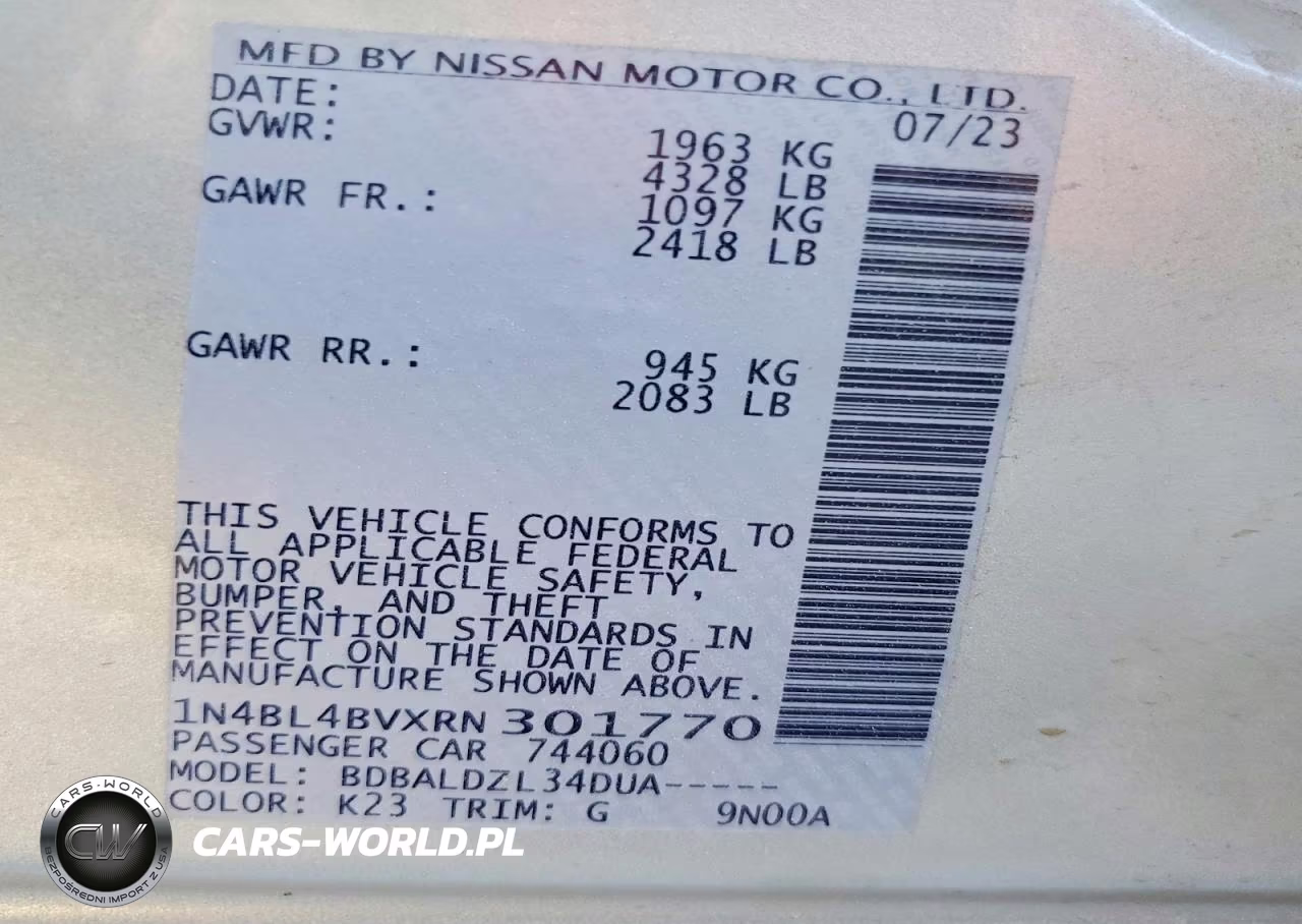 2024 Nissan Altima S Fwd VIN:1N4BL4BVXRN301770 - 12