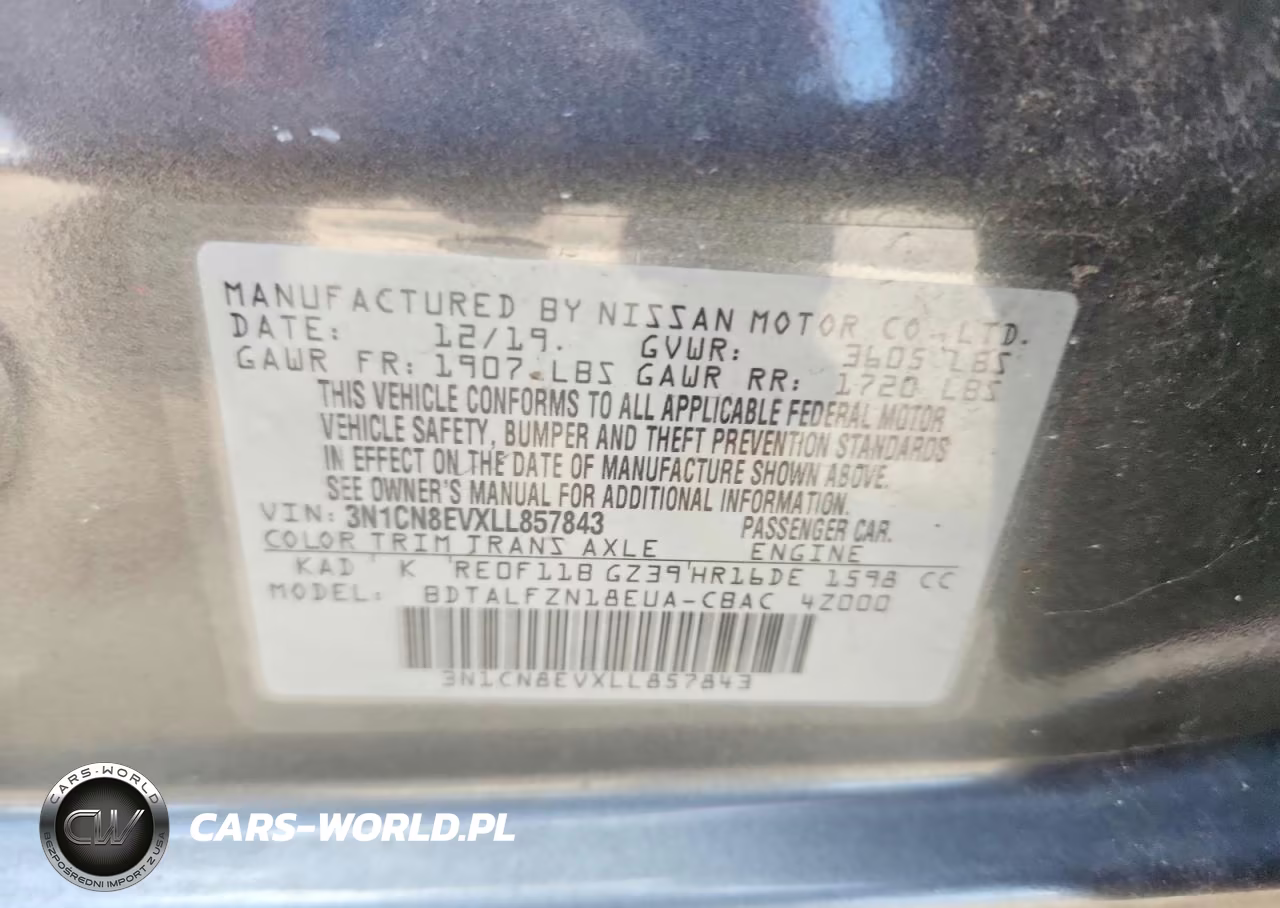 2020 Nissan Versa Sv VIN:3N1CN8EVXLL857843 - 12