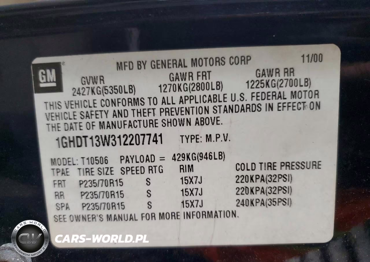 2001 Oldsmobile Bravada VIN:1GHDT13W312207741 - 13