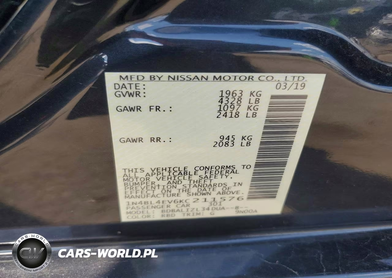 2019 Nissan Altima Sl VIN:1N4BL4EV6KC211576 - 12