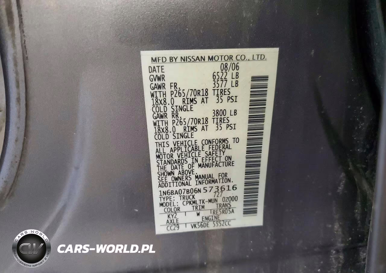 2006 Nissan Titan Xe Ffv VIN:1N6BA07B06N573616 - 12