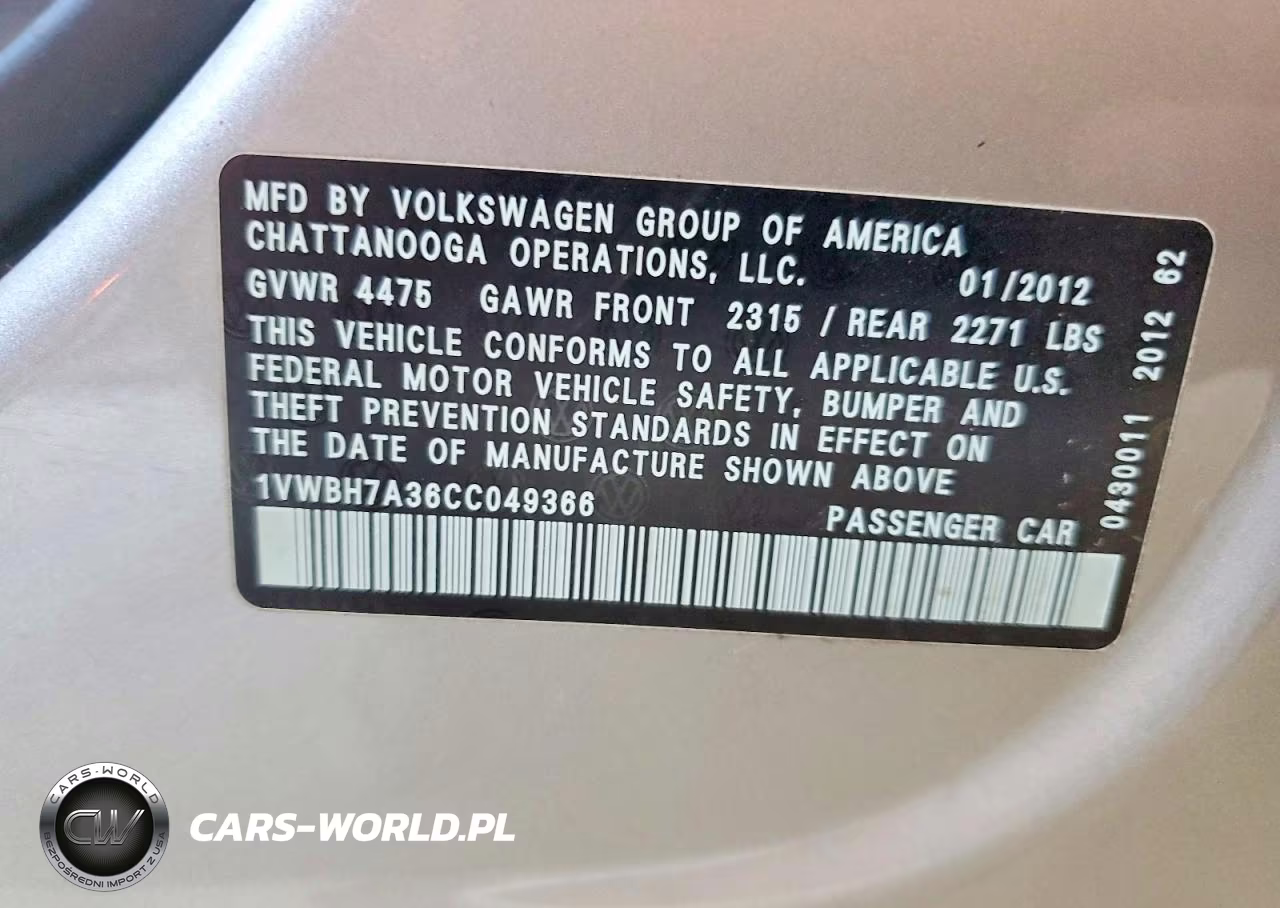 2012 Volkswagen Passat Se VIN:1VWBH7A36CC049366 - 12